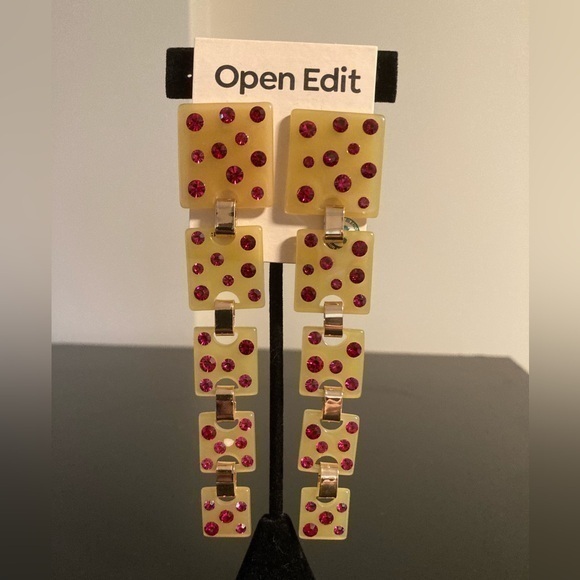 Open Edit Beige/Tan And Red Dangly Earrings. Rhinestones..